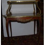 19thC French Two-Tier Kingwood Etagere, the top shelf lined with green leather, on sabre legs with