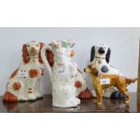 Pair of Staffordshire dogs, 2 single Staffordshire dogs & a Goebel red setter (5)