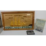 Cutty Sark memorabilia - wooden wall collage, book & a presentation case of a Centenary Medal 1869-