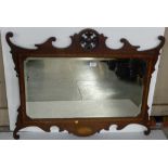 Sheraton style mahogany framed wall mirror with inlaid borders and shell detail, bevelled insert,