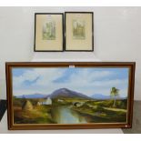 Oil on Canvas, Thatched Cottage signed Clive Hughes & Pair Robson Prints of Wells & Winchester (3)