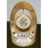 Ivory Ornamental Watch Stand, mounted with a brass horseshoe, with coat of arms, 4”h