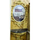 Carved Wood Console Table painted gold, with demi-lune black marble top and a bamboo design