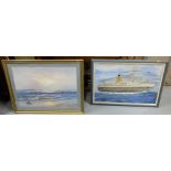 2 Nautical paintings – View of MS Statendam (blue frame), 20”x29” & Seascape, 23”x30” (2)