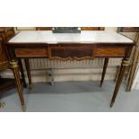 French Kingwood Centre Table, the rectangular top inset with white marble, with brass mouldings,