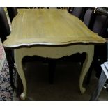 French Pine Kitchen Table, with a shaped oak top over a painted cream base 62”l