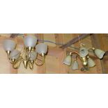 Two x 5-branch brass framed electric ceiling light chandeliers, glass shades