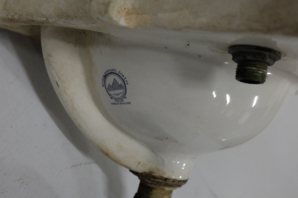 Small Ceramic Corner Sink with brass taps, stamped Alfred Johnson & Son, 13” x 13” - Image 2 of 2