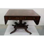 Regency Mahogany Sofa Table, the cross-banded top over two apron drawers to the front and two faux