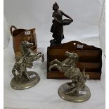 Pair spelter marli Horses (painted silver), spelter of Lady “Recolte”, oak letter rack, copper