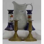 White porcelain jug with raised leaf detail, 9”h and Pair of porcelain blue and white candlesticks