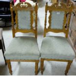 Pair Oak framed Dining Chairs, green padded seats