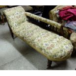 Edw. Walnut Framed Chaise Long, on turned legs, floral fabric, 70”l