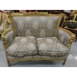 French Carved and Painted Two Seater Sofa, with blue and cream satin fabric, tapered front legs,