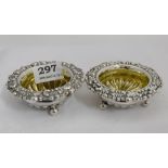 Matching Pair of London Silver Cruets, on turned feet, ornate borders, 3.5” dia