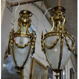 Matching Pair of conical shaped Brass Framed Ceilings Lights with etched glass inserts, Adams swags
