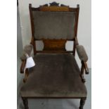 Edwardian Inlaid Armchair (damage to right leg), grey fabric covered padded back and seat