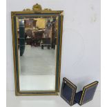 Gilt and blue framed bevelled mirror, 13”x26” and pair of folding blue Italian leather bookends (3)