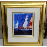 DECLAN MARRY - Acrylic on Canvas – 3 Sail Boats in Dun Laoghaire Harbour, boxed gilt frame, signed