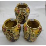 Matching Set of 3 Woods England “Indian Trees” Flower Pots, yellow ground with red and yellow