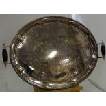Large Silver plated oval tray with raised handles, 24” diameter