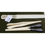 2 Ivory Glove Stretchers (1 with London silver mounted handle) & an ornate letter opener (3)