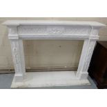 White Marble Fireplace, the Adams carved frieze over two similarly carved jams, white hearth, 62”w