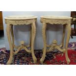 Pair of stripped wood Occasional Tables, with matching circular beige marble tops, 20”dia x 27”h