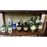 Shelf of Porcelain Items – Pair Green Royal Doulton Vases etc