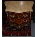 Pair of Marquetry Decorated Serpentine front Bombe Cabinets, with 3 drawers, gilt mounts, yellow