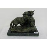 Contemporary Bronze Group – 3 wolves, on a green marble base, 11”h x 13”w