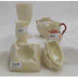 5 Belleek Items, from early to modern periods incl. 2 vases, ashtray, boat ornament, jug (chip to