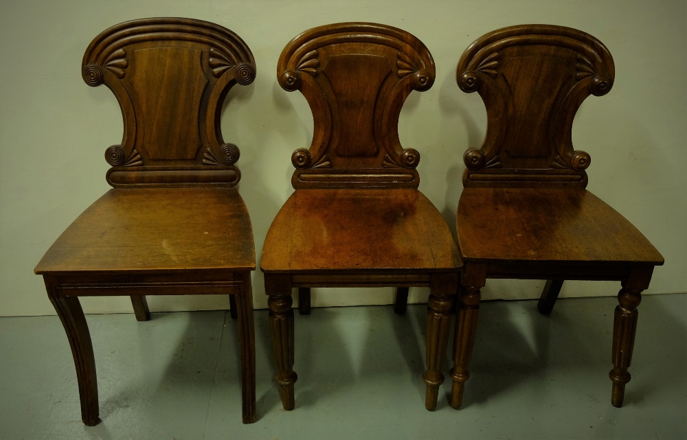 Pair of WMIV Mahogany Hall Chairs with domed tops (1 with damaged leg) & a similar Mahogany Hall