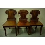 Pair of WMIV Mahogany Hall Chairs with domed tops (1 with damaged leg) & a similar Mahogany Hall