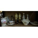 Various China – pair Worcester vases, Aynsley, tea cup with saucer etc (shelf of items)