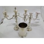 2 X silver plated 3-branch Candelabra & a plated wine cooler (3)