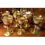 Set of Six Italian Amber Glass Wine Goblets with gilt overlay (similar to Murano)