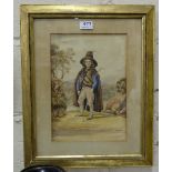 Victorian Watercolour – portrait of a young man in country attire carrying a staff, signed