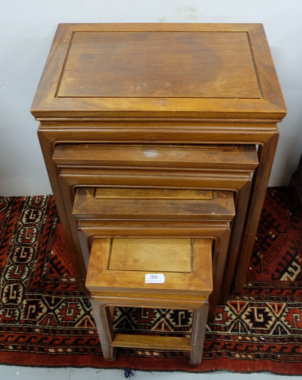 Chinese teak Nest of 4 Mahogany Graduating Tables (widest 19.5”w x 27.5”h)