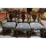 Matching Set of 6 Walnut Dining Chairs, with splat backs (5 + 1 carvers) green floral covered seats