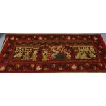 19th Century Oriental Wall Hanging on a red ground wool back, decorated with applied nuptial