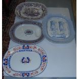 4 large 19thC Meat Plates, most with gravy wells, blue and white, cross pattern borders etc