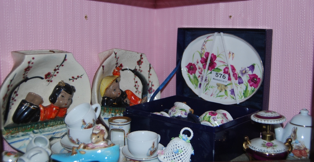 Miniature china ornaments, cased china coffee set etc