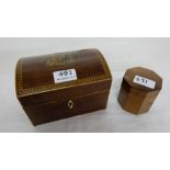 19thC Domed Top Tea Caddy, the lid inlaid with farming scene 6.5”w x 4”h & octagonal yew wood tea