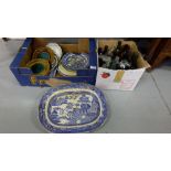 Two willow pattern meat plates, other pottery plates (in box) & small box of glass bottles (2)