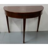 Mahogany demi-lune hall table, inlaid, on tapered legs, 35"w x 29"h