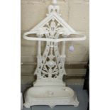 Victorian Stick Stand, painted white, with original tray, fretwork back 32”h