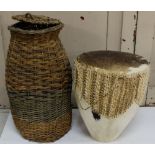 Hide-topped Tribal Drum, 14” dia & a woven tall basket (2)