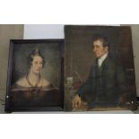 Two 19thC portraits – of a male and female in Edwardian costumes (1 framed)