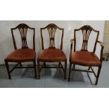 Matching set of 6 Hepplewhite style mahogany dining chairs, with lift up padded seats, mauve fabric,